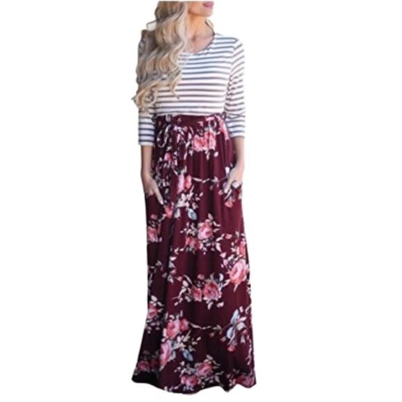 Lux & Co Bernice 2fer Knit Burgundy Tan Stripe Floral Pockets Maxi Dress XS NEW - Picture 1 of 13